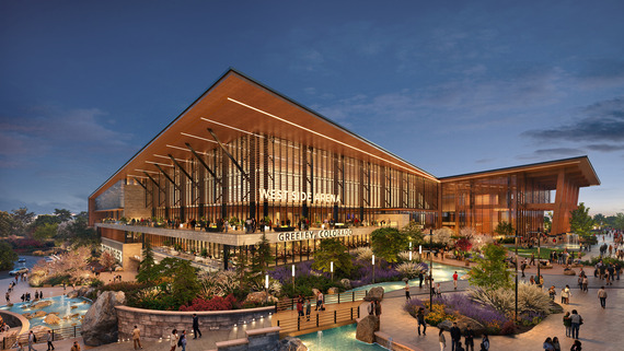 Artist illustration of the Recreation District hockey arena exterior and walking paths.