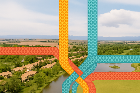 Greeley landscape looking west towards Rocky Mountains. Graphic lines cross the image line crossing roads.