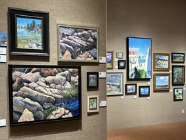 gallery walls with 17 paintings of landscapes in various sizes, media and perspectives