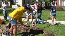  A group of people plant a tree in front of the Alpha Beta Beta house on the University of Northern Colorado campus.