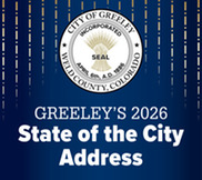 Greeley City seal with text below that says Greeley's 2026 State of the City Address, all over a blue background.