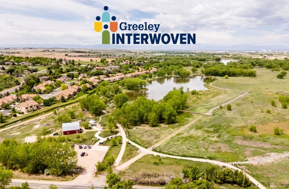 Aerial view of the red barn trailhead along the Poudre River.