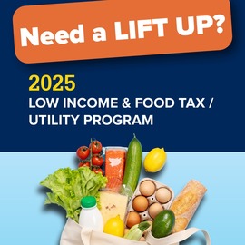 2025 Low Income and Food Tax, Utility Program graphic with a bag of groceries spilling across the image.