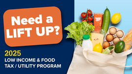 Graphic with LIFT UP title and bag of groceries