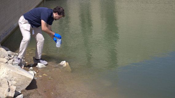 A person standing on the bank of a lake reaches out to collect a water sample.