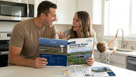 man and woman read a report while child fills glass with water from sink