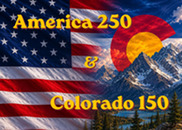 America 250 & Colorado 150 decorative with flag and mountains