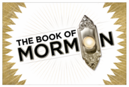 Logo graphic for the show The Book of Mormon, with doorknob in place of the final O in the word Mormon