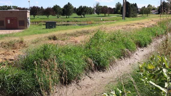 water-less ditch runs next to an open space.
