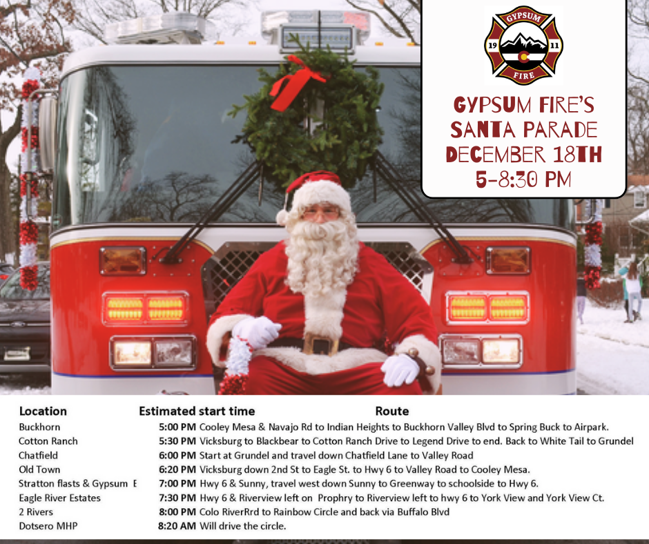 Photo of Santa on a fire truck advertising Gypsum Fire's Santa Parade