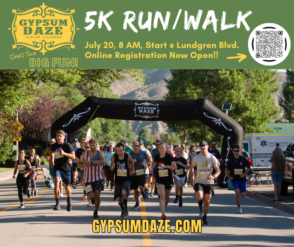 Gypsum Daze 5K Run/Walk, July 20 @ 9am - Image shows racers running down the road 