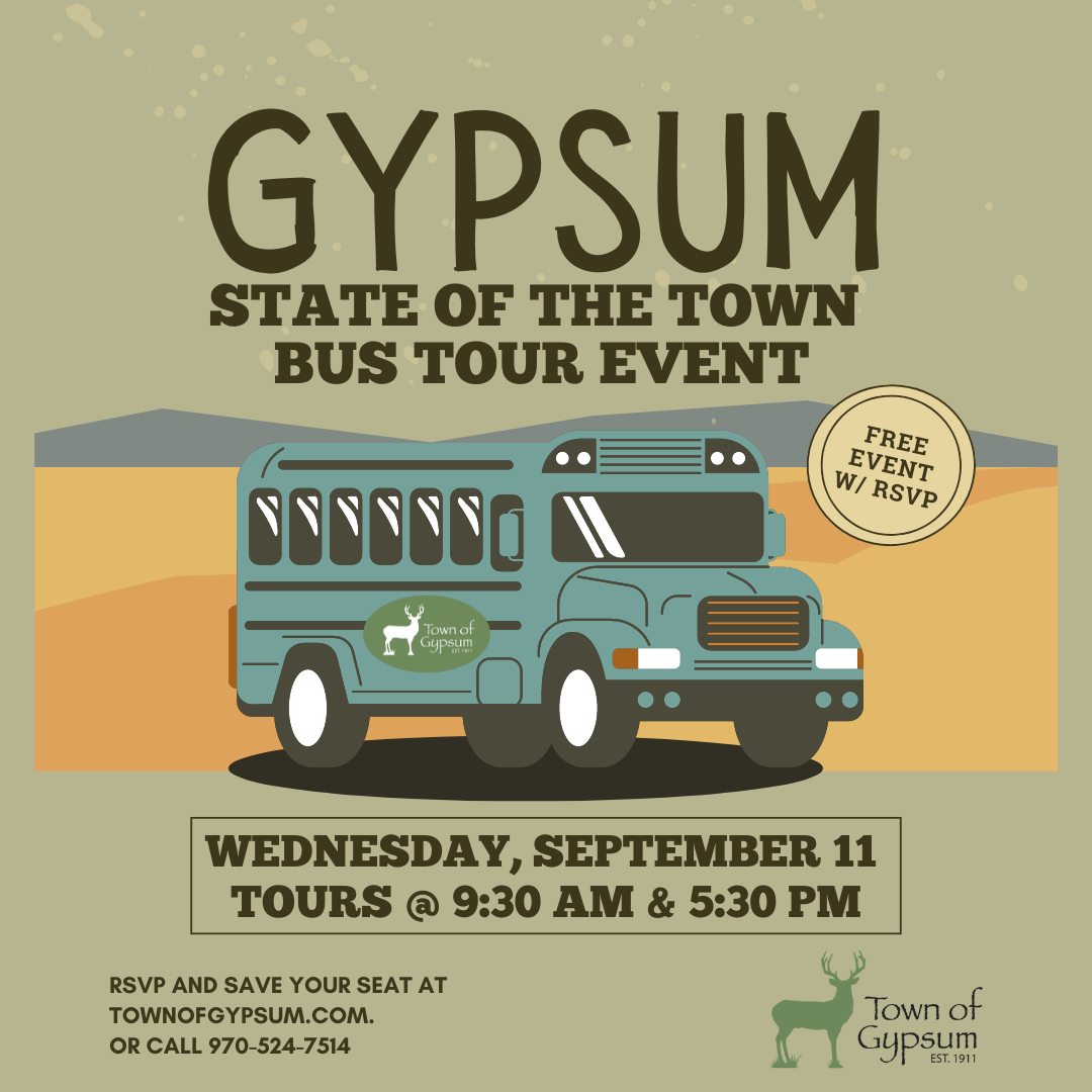 Gypsum State of the Town Bus Tour - showing an illustration of a bus and information about the event on Sept. 11.