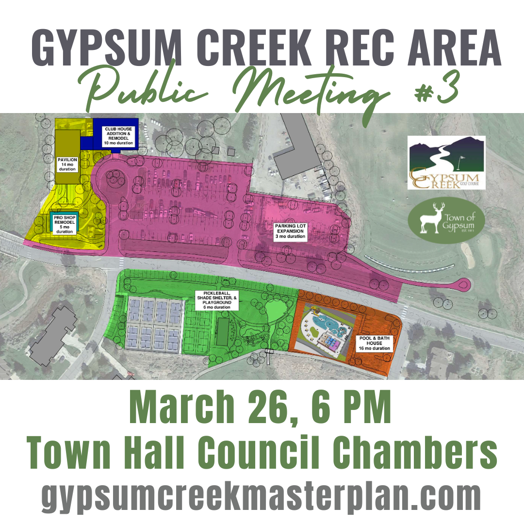 Gypsum Creek Rec Area master Plan Public Meeting Announcement with map image of the areas included in the master plan