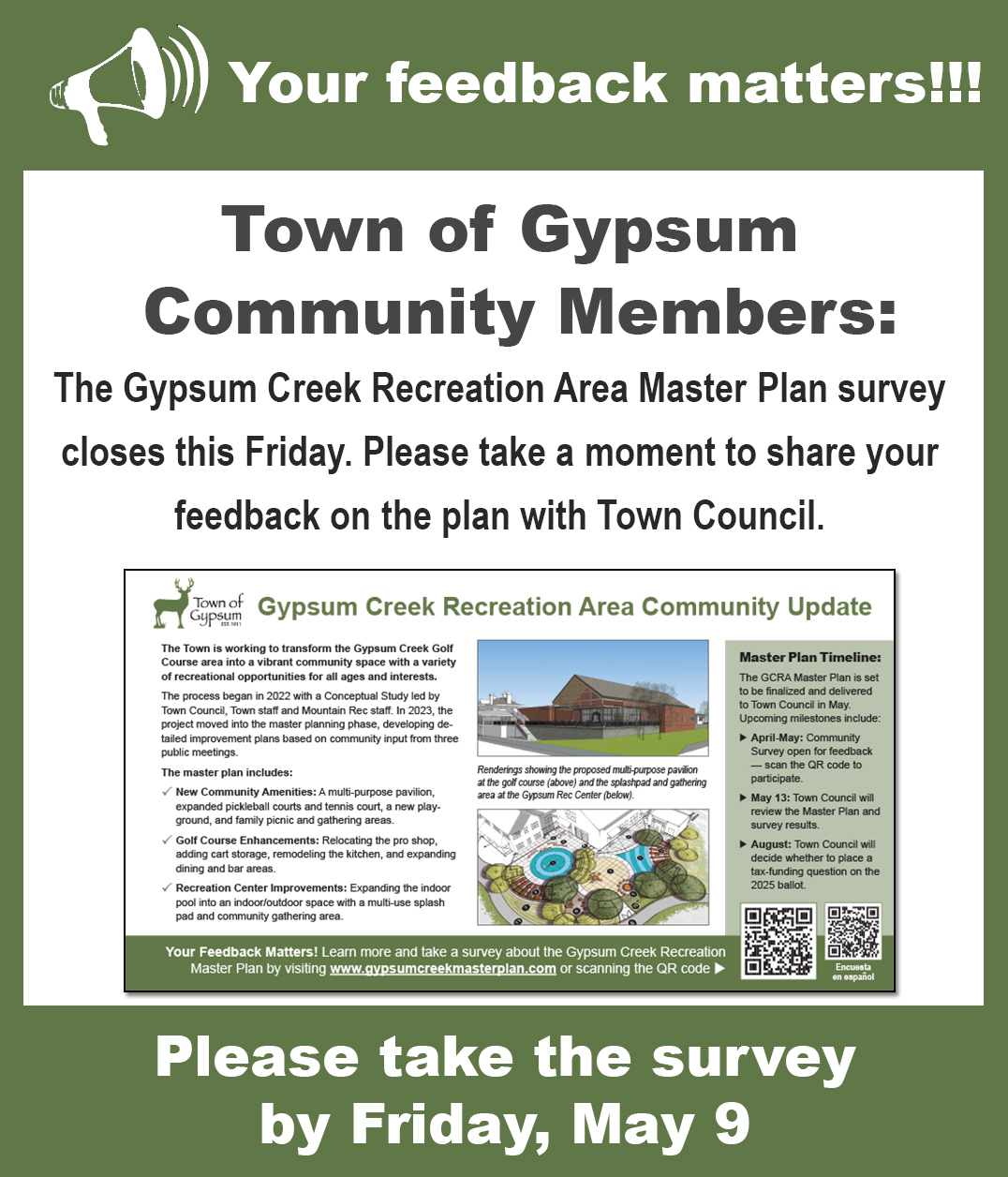 Image asking people to take the GCRS Master Plan Survey by May 9th. 