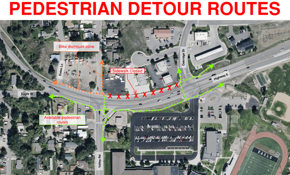 Map of the pedestrian detour at the Valley Road/Hwy 6 Roundabout project in Gypsum, CO