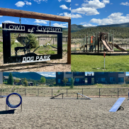Images of features at the Gypsum Dog Park - Park sign, agility equipment and kids playground