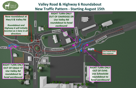 Map showing new traffic patterns at the new  Hwy 6/Valley Rd. Roundabout