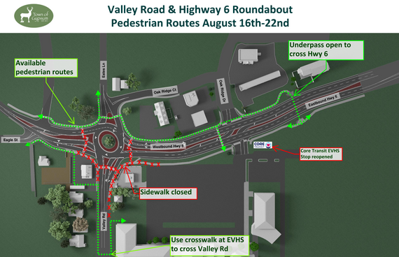 Map showing pedestrian routes around the Hwy 6/Valley Road Roundabout Construction Zone
