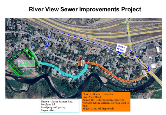 Map image of the River View Sewer Line project area - phase one and two. Indicates work zone and road closure points