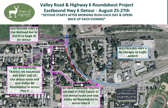 Map image showing the eastbound Hwy 6 traffic detour for the week of 8/25 as part of the Valley Rd./Hwy 6 Roundabout project