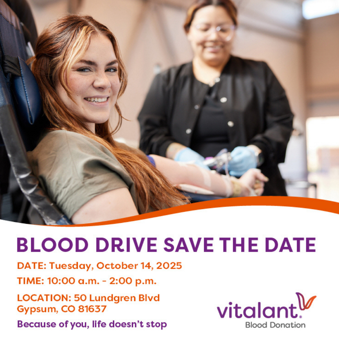 Flyer showing dates and times for the Vitalant 20205 Blood Drive