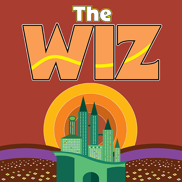 The Wiz promotional graphic with emerald city and orange sunset
