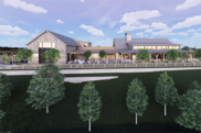 Modern farmhouse-style building with large windows, outdoor seating, and trees in front under a blue sky with clouds.