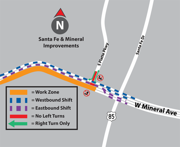 Map showing Santa Fe & Mineral work zone, shifted lanes, no left turns, and right-turn-only arrows at the intersection.
