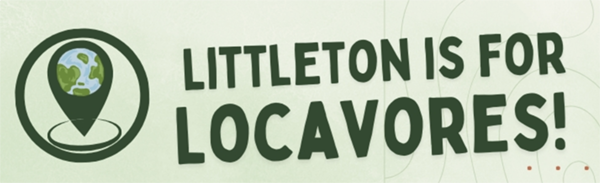 	 Text logo with Earth in a location pin and the words "Littleton is for Locavores!" on a light green background.