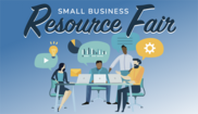Four diverse people work at laptops around a table with business icons; text reads "Small Business Resource Fair."