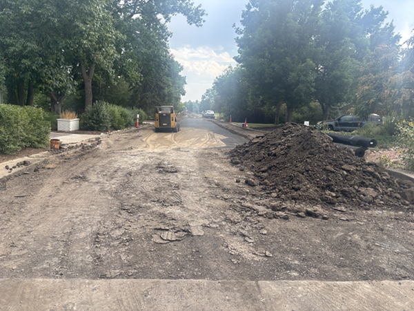 Tree-lined street under construction