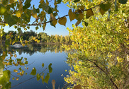 Ketring Lake surrounded by trees with colorful autumn leaves
