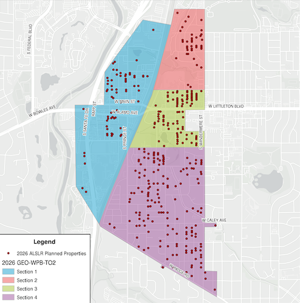 Map of Denver Water work, divided into four color-coded regions