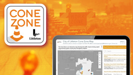 A Littleon Cone Zone logo with a traffic cone graphic next to a mockup of a tablet screen open to the cone zone map page.