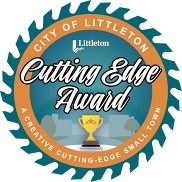 Circular saw blade graphic with “City of Littleton Cutting Edge Award” text. A trophy with stars is in the center.