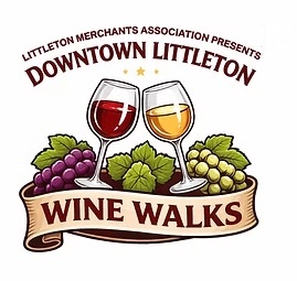 Logo for Downtown Littleton Wine Walks featuring two wine glasses, red and white grapes, green leaves, and event text.