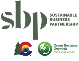 Logo for Sustainable Business Partnership with Green Business Network Colorado and a stylized Colorado symbol