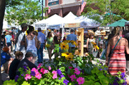 Large crowd of people attending a farmers market event with tents along a city street.