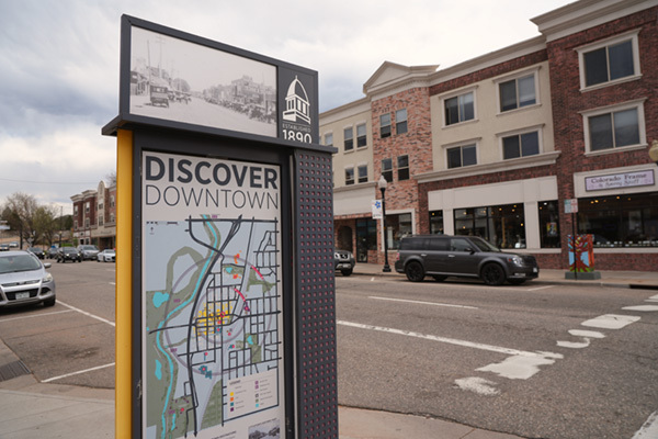 Discover Littleton wayfinding sign on Main Street