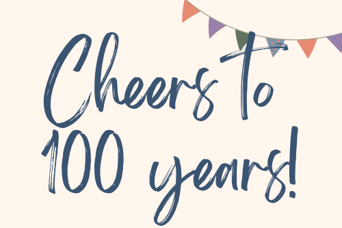 Cheers: Graphic for Library's 100th Birthday; text reads "Cheers to 100 years!"