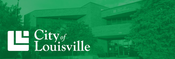 Image of Louisville City Hall, tinted green, with the City of Louisville logo overlaid atop