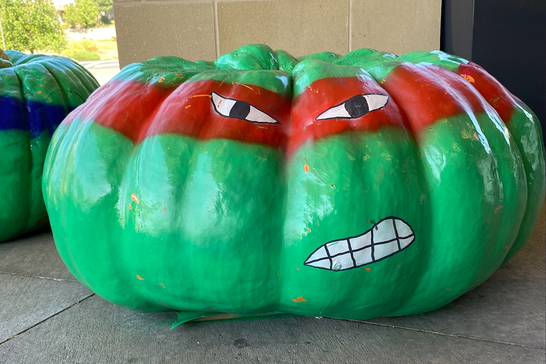 Photo of a pumpkin painted as a Ninja Turtle