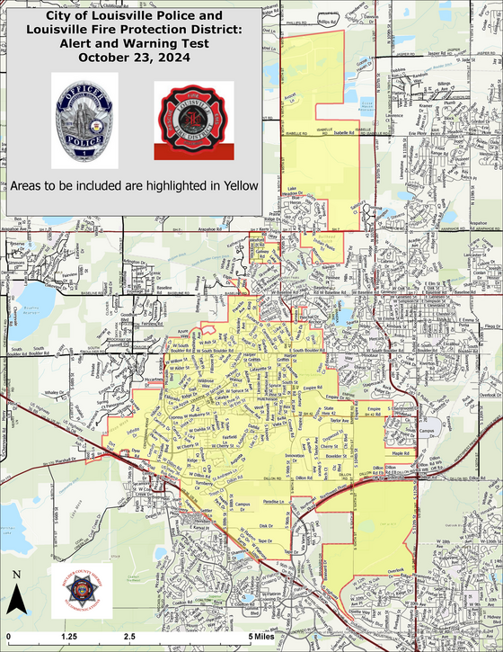 Map depicting the boundaries of the City of Louisville and Louisville Fire Protection District for the purposes of an emergency alerts test