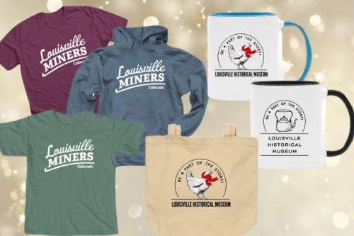 three shirts with the words "Louisville Miners Colorado" next to a tote bag and mugs that read "Be a part of the story"