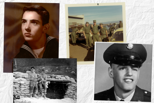 Photos of Vietnam veterans, two in Vietnam with a puppy, two professional photos, and three men in uniform in front of a car.