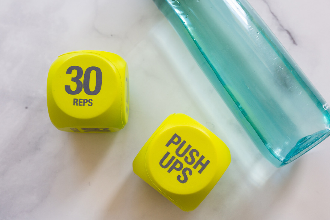 fitness dice and water bottle