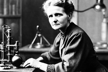 historic black and white photo of Marie Curie