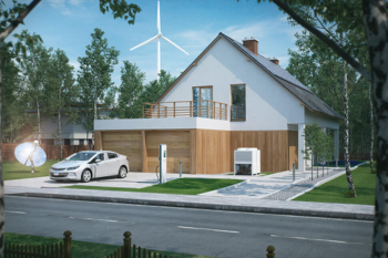 home with electric car, windmill, solar