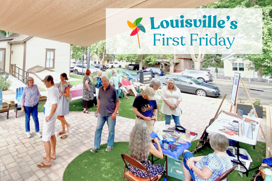 People in a courtyard smiling, text reads, "Louisville's First Friday"