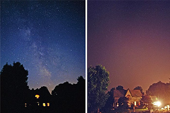 two pictures side by side of the night sky